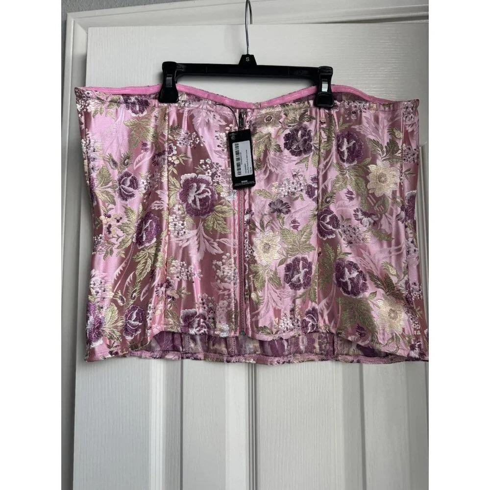 NWT Pretty Little Thing Plus Pink Floral JACQUARD Satin Corset Size US 14 - Picture 5 of 7